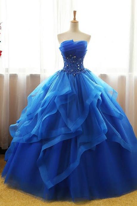 Blue Prom Dresses Ruffles Tiered Crystal Beaded Top Formal Party Dress