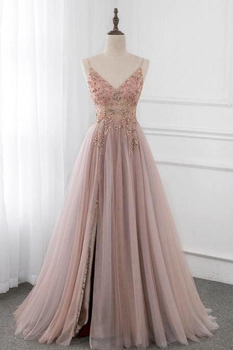 Pink Long Tulle V-neckline Beaded Junior Prom Dress, Sexy Party Dress