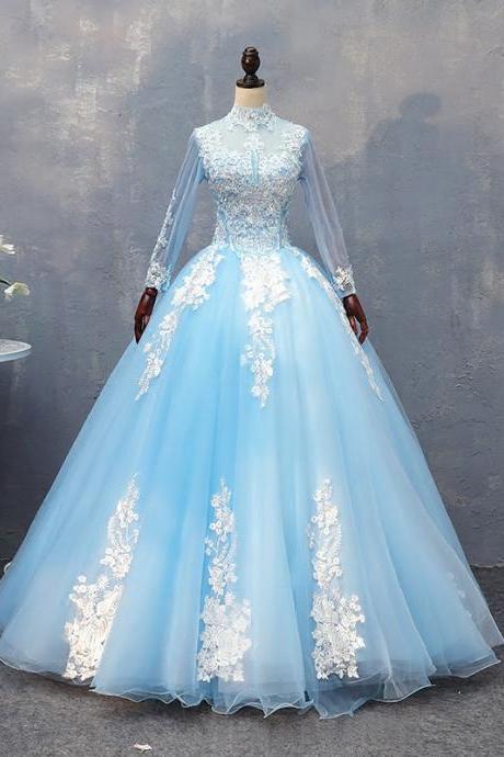 Blue Long Sleeves Lace Tulle Sweet 16 Dress, Light Blue Ball Gown Formal Dress, Party Dress