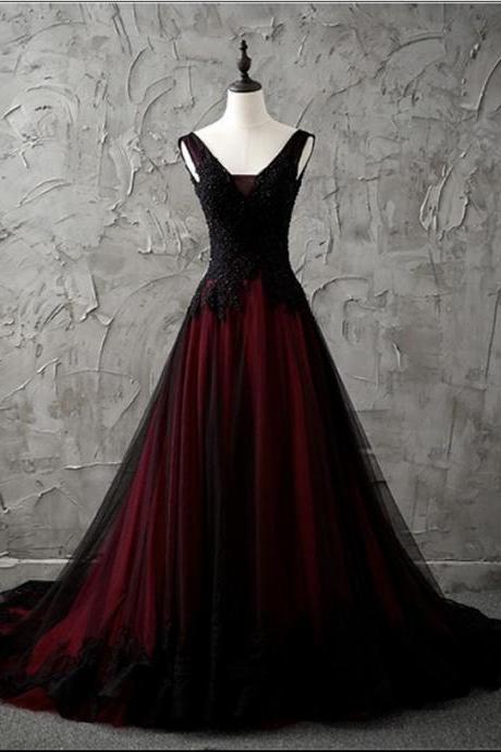 Charming Sleeveless Black And Red Lace Appliques Beaded Party Dress, Low Back Prom Dress