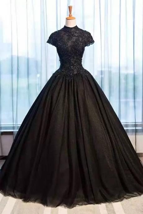 Beautiful Black Cap Sleeves Long Tulle Party Dress, Black Prom Dress