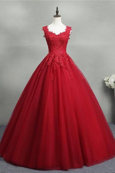 Gorgeous Red Ball Gown Sweet 16 Gown, Red Tulle With Lace Applique Party Dresses