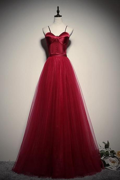 Gorgeous Dark Red Straps Tulle Long Party Dress, A-line Formal Dress
