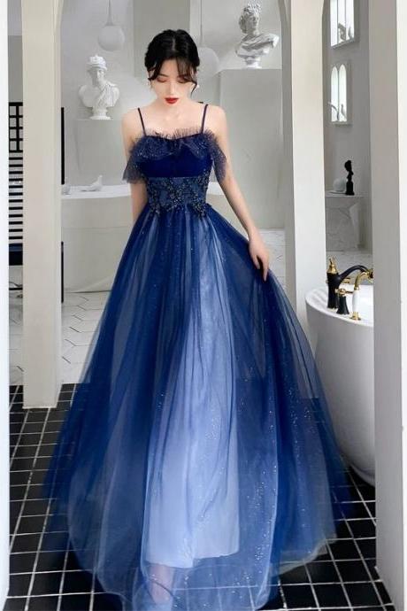Navy Blue Straps Tulle Long Party Dress, A-line Sexy Prom Dress