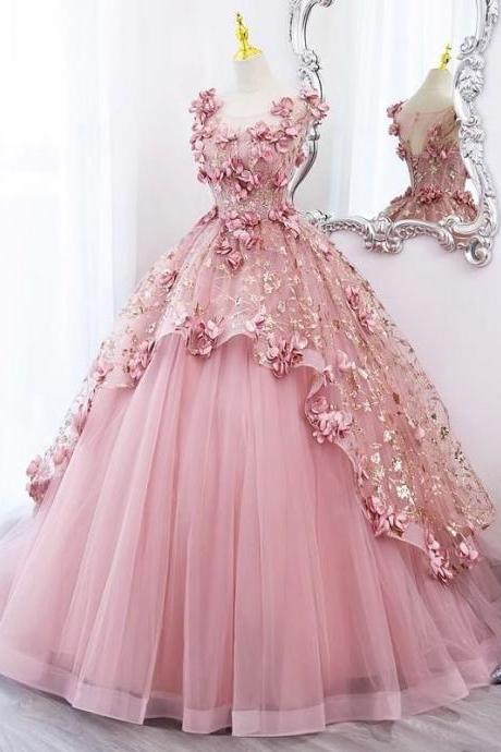 Pink Quinceanera Dress, Sweet 16 Dress, Floral Ball Gown Formal Dress