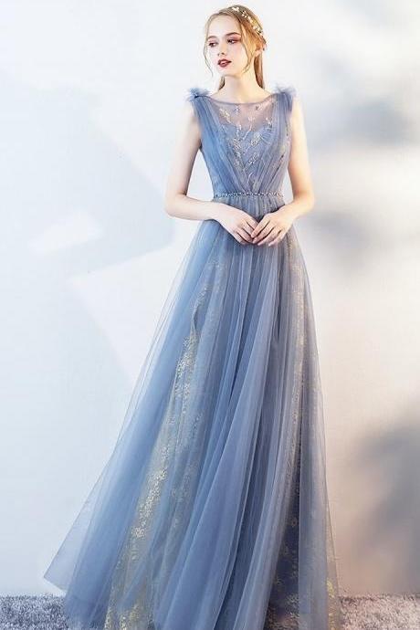 Temperament Evening Gown, Elegant Birthday Party Dress, Sleeveless Blue Prom Gown