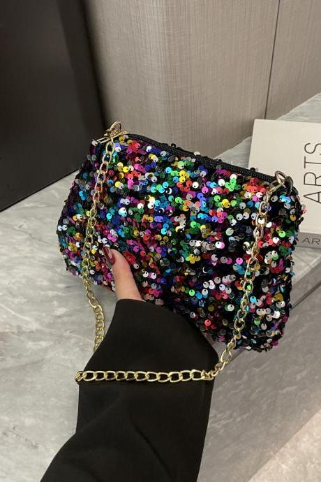 Contrasting Sequin Shoulder Underarm Bag, Chain, Colorful Stylish Clutch Bag