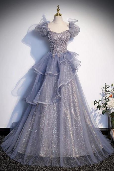 Temperament Socialite Prom Dress, Blue Party Dress, Off-shoulder Princess Dress