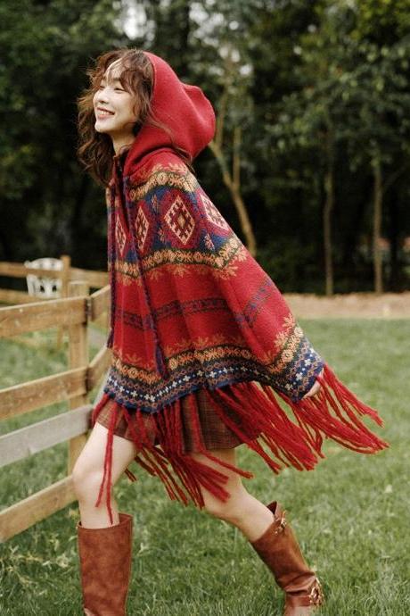 Retro, Red Christmas Tassel Hooded Cape, Warm Sun Protection Shawl, Outer Sweater