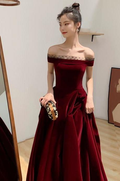 Red Off Shoulder Chic Party Dress,elegant Velvet Evening Dress
