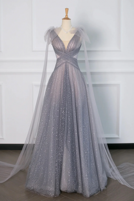 Gray Tulle V-neck Floor Length Prom Dress, A-line Backless Evening Party Dress