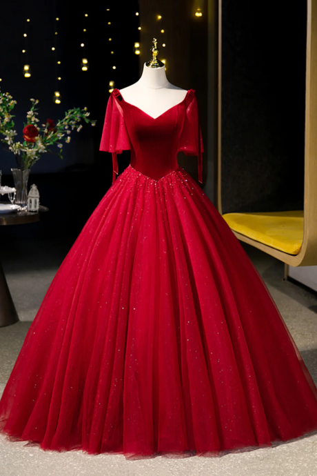 Burgundy Velvet Tulle Floor Length Formal Dress, Burgundy A-line Evening Party Dress