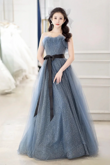 Gray Blue Tulle Long Prom Dress, Beautiful A-line Strapless Evening Dress