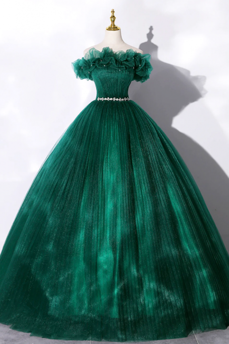 Green Off Shoulder Tulle Formal Dress, A-line Long Prom Dress