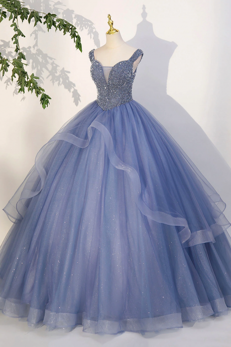 Blue Beaded Tulle Long A-line Prom Dress, Blue Formal Evening Dress
