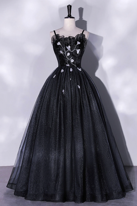 Black Tulle Long A-line Evening Gown, Black Spaghetti Strap Evening Gown