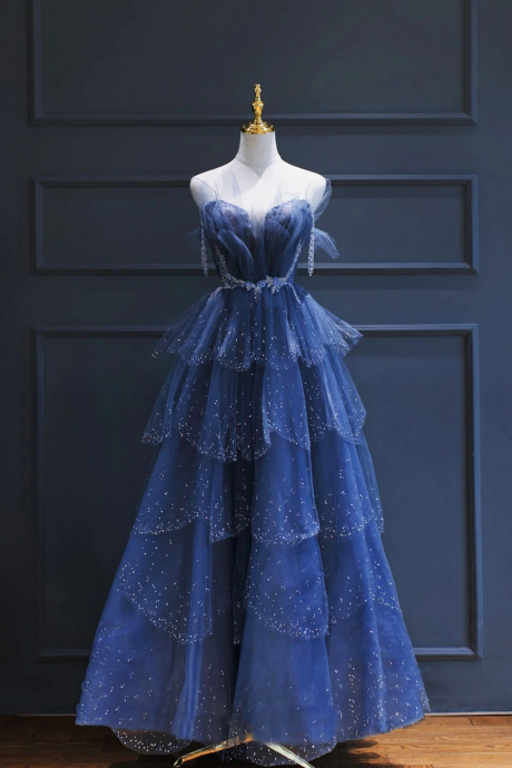Blue Tulle Beaded Long Senior Prom Dress, A-line Blue Formal Dress