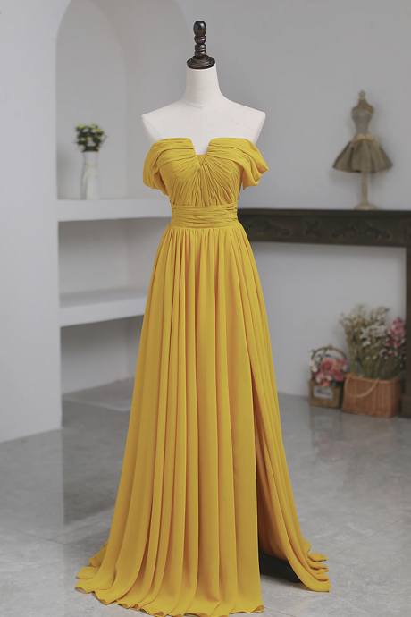Yellow Bridesmaid Dress,chiffon Long Prom Dress, A-line Off The Shoulder Evening Dress