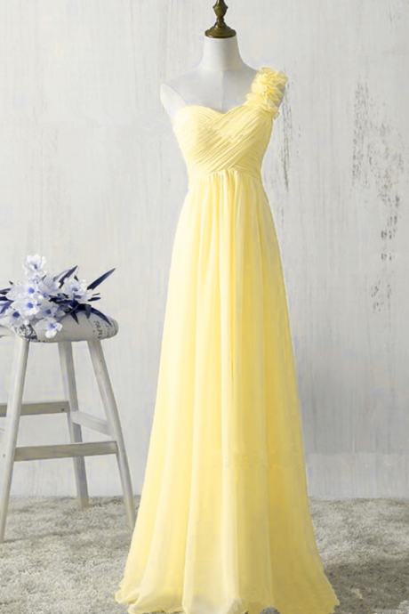 One Shoulder Yellow Chiffon Bridesmaid Dresses, A-line Party Long Evening Dresses, Light Yellow Bridesmaid Dresses