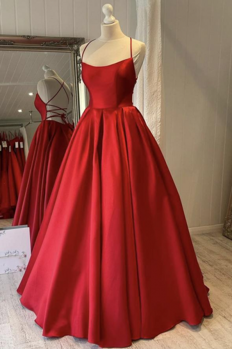 Red Satin Long Prom Dress A Line Evening Gown Halter Neck Party Dress