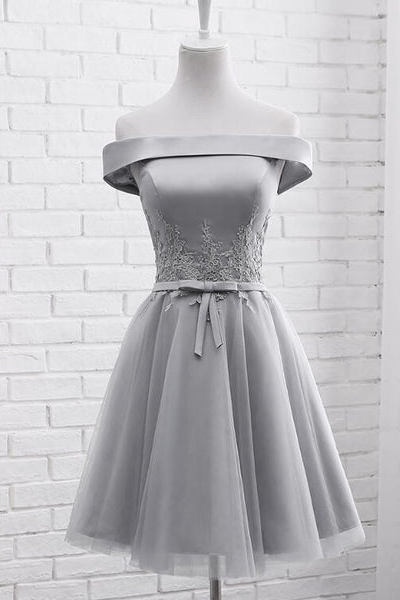Simple Off Shoulder Grey Tulle Applique Bridesmaid Dresses, Knee Length Formal Dress, Party Dresses