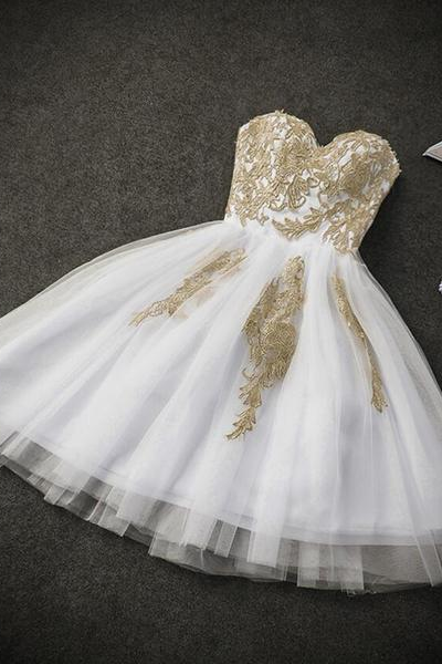 Cute White Tulle Party Dress With Gold Applique, Prom Dresses, Short Prom Dresses