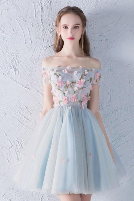 Gray Blue Tulle Lace Applique Short Prom Dress,homecoming Dress