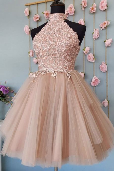 Halter Neck Open Back Champagne Lace Short Prom Dresses,champagne Lace Formal Graduation Homecoming Dresses