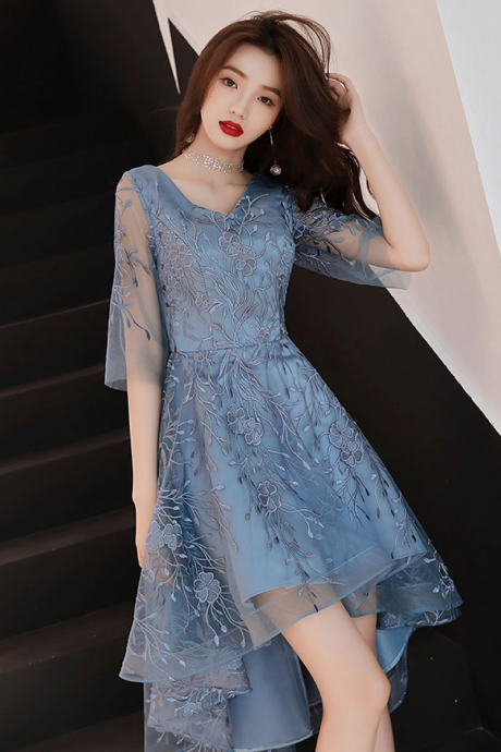 Blue V Neck Tulle Lace High Neck Prom Dress,blue Lace Homecoming Dress