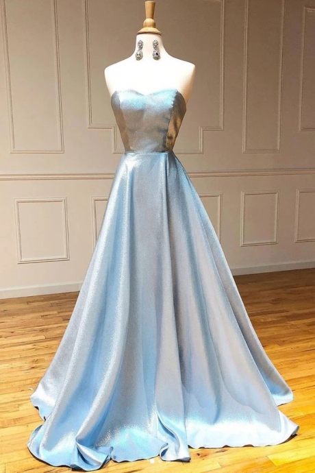 Simple Light Blue Satin Strapless Long A Line Prom Dress, Party Dress