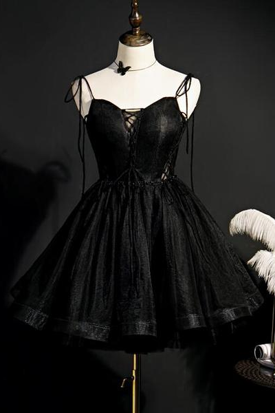 Black Straps Tulle Short Homecoming Dress Prom Dress, Little Black Party Dresses