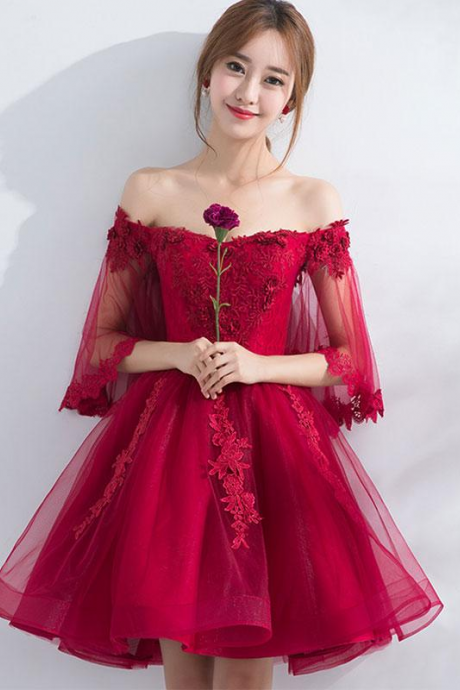 Burgundy Off Shoulder Tulle Lace Short Prom Dress,burgundy Homecoming Dress