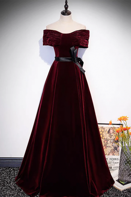 A-line Off Shoulder Velvet Burgundy Long Prom Dress, Burgundy Long Formal Dress
