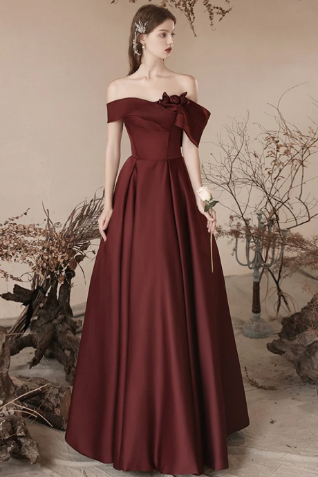 A-line Off Shoulder Satin Burgundy Long Prom Dress, Burgundy Long Formal Dress