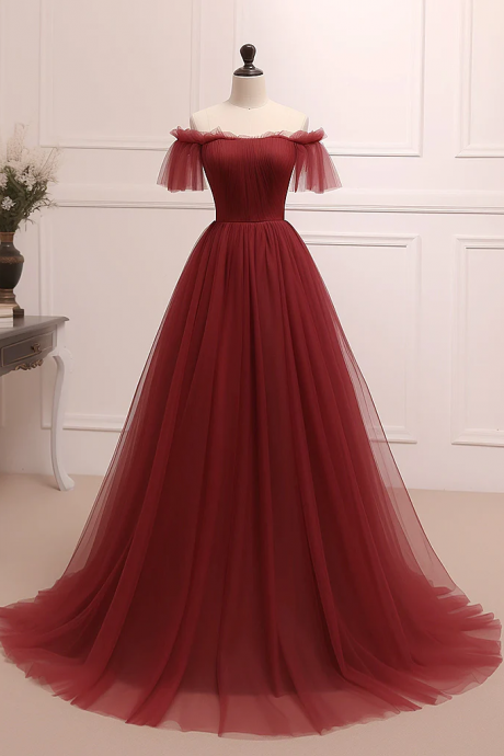 A-Line Burgundy Tulle Long Prom Dress, Burgundy Long Evening Dress