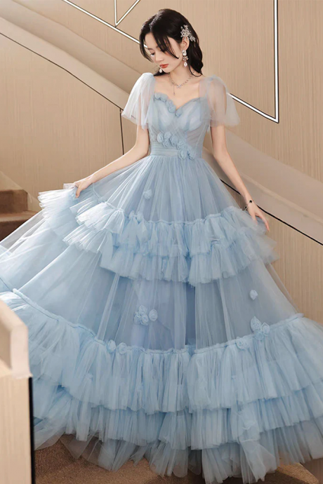 A-line Sweetheart Neck Tulle Blue Long Prom Dress, Blue Long Formal Dress
