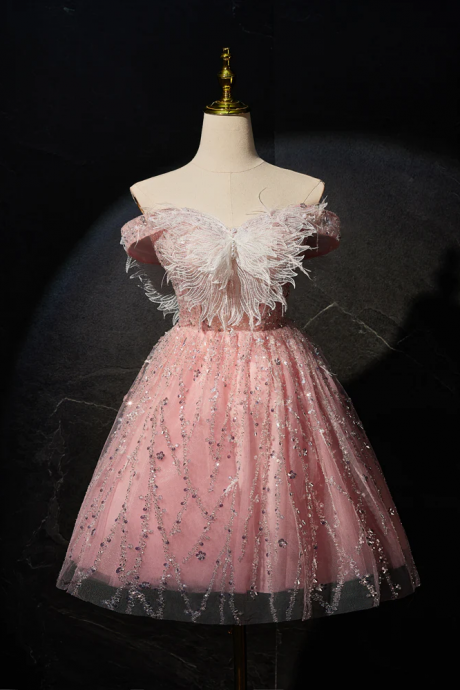 Pink A-line Tulle Lace Short Prom Dress, Pink Cocktail Dress
