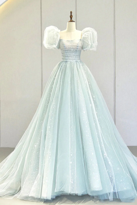 A-line Puff Sleeves Blue Long Prom Dress, Tulle Formal Evening Dress