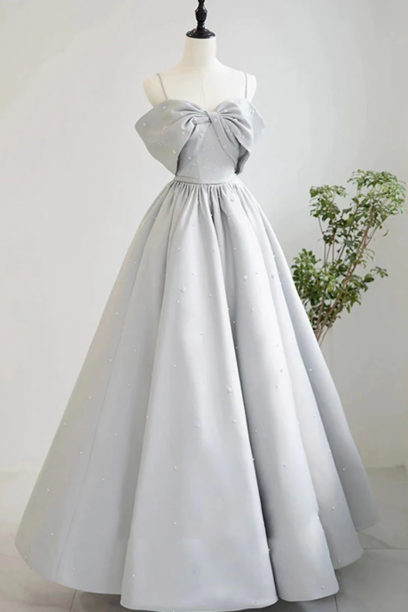 A-line Satin Gray Long Prom Dresses, Gray Long Formal Dresses