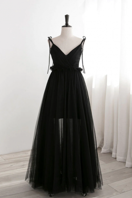 A-line Black Tulle Long Prom Dresses, Black Formal Evening Dresses