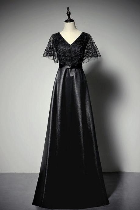 Elegant Party Evening Dress, Black Formal Dress,v-neck Wedding Guest Dress