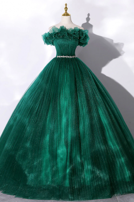 Green Tulle Off Shoulder Long Prom Dress, Green Tulle Sweet 16 Dress