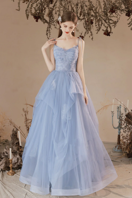 Blue A-line Tulle Spaghetti Strap Prom Dresses, Blue Lace Formal Evening Dresses