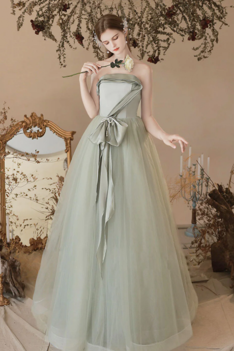 A-line Tulle Light Green Long Prom Dresses, Green Formal Evening Dress