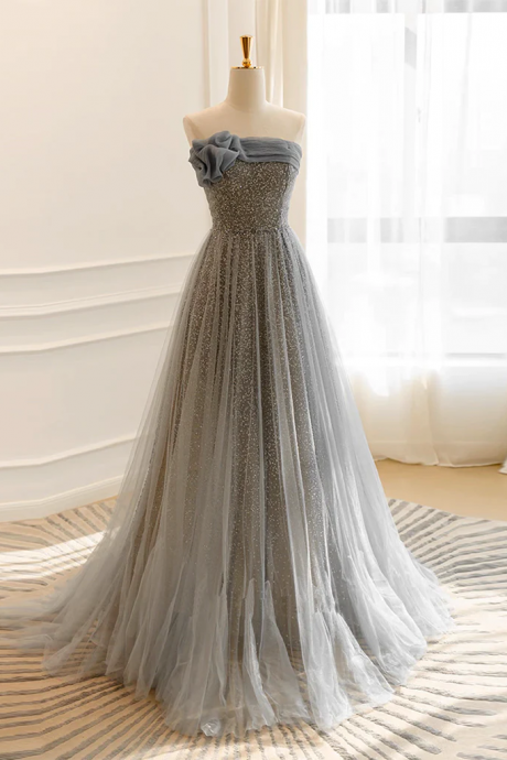 A-line Gray Tulle Sequin Long Prom Dress, Gray Long Formal Dress
