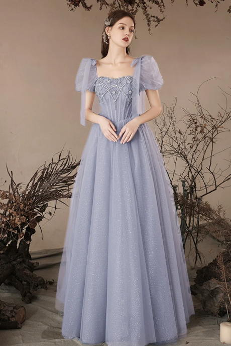 A-line Sweetheart Neck Tulle Beads Blue Long Prom Dress, Blue Long Evening Dress
