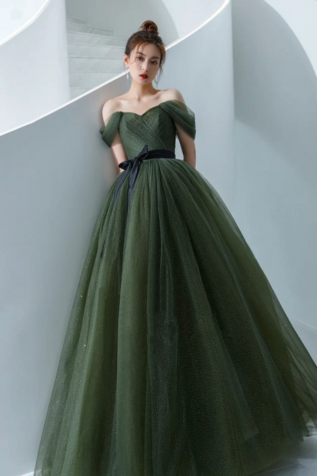 A-line Off Shoulder Green Long Prom Dress, Green Formal Dress