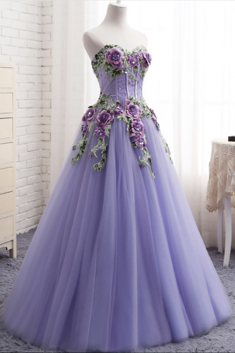 Purple Evening Dress Strapless Sweetheart Lace Flowers