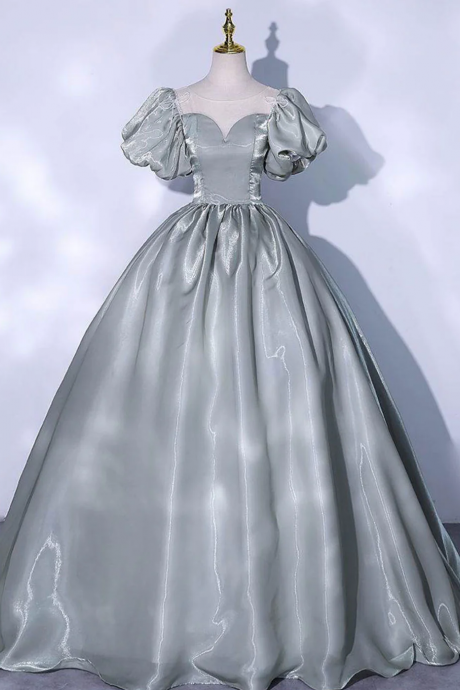 Gray Round Neck Satin Long Prom Dress, Gray Sweet 16 Dress