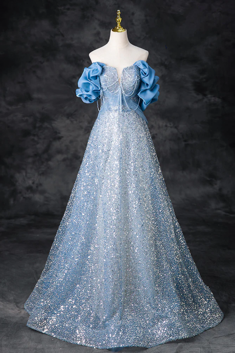 A-line Off Shoulder Sequin Beads Blue Long Prom Dress, Blue Long Evening Dress
